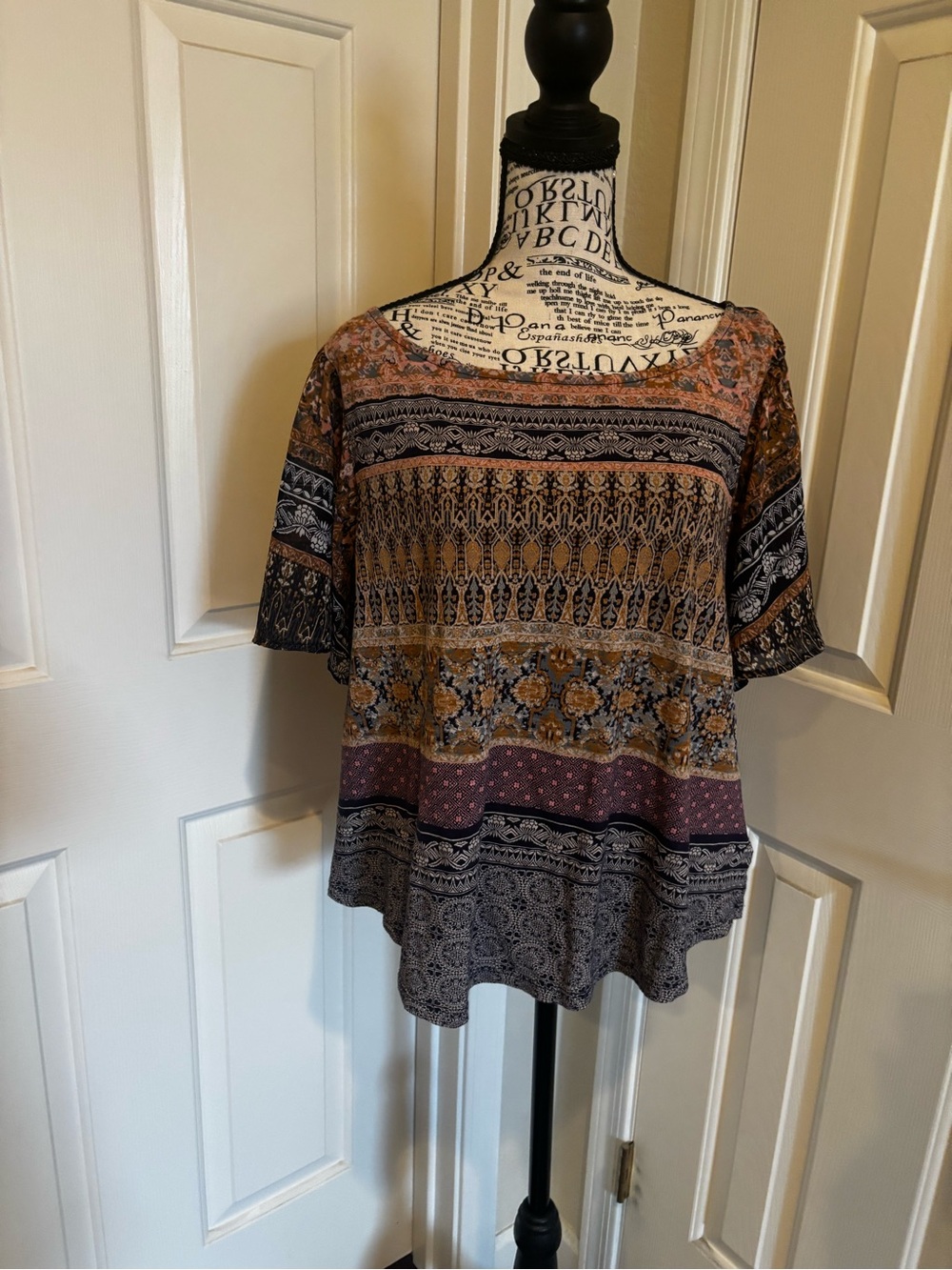 Lucky Brand Multi-Pattern Scoop Neck Tunic in Rust, Purple & Blue.
